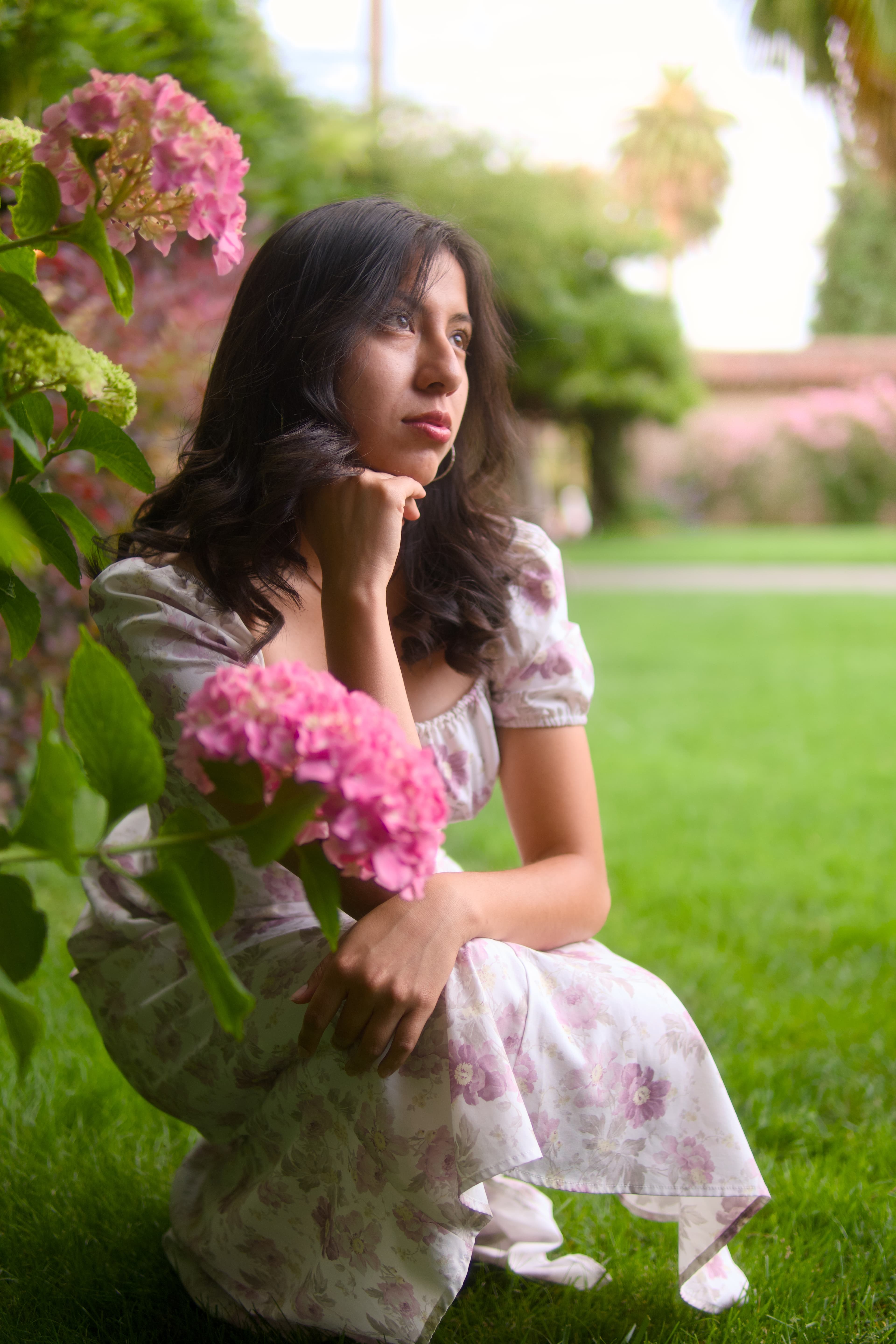 A seated woman in a floral dress looking across a sunlit garden beside pink hydrangeas