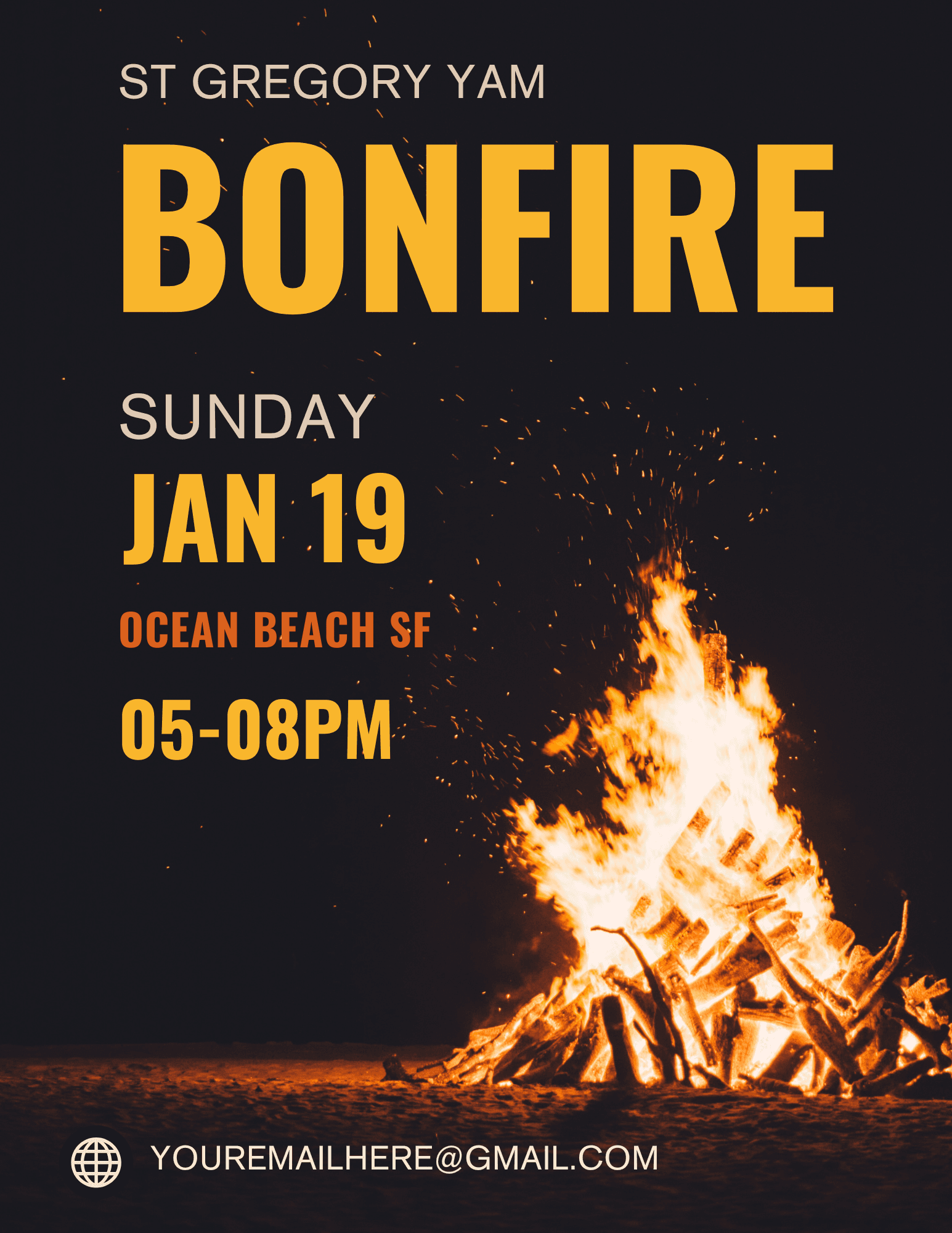 Bonfire flyer with large yellow and orange lettering above a bright beach fire against a dark nighttime background.