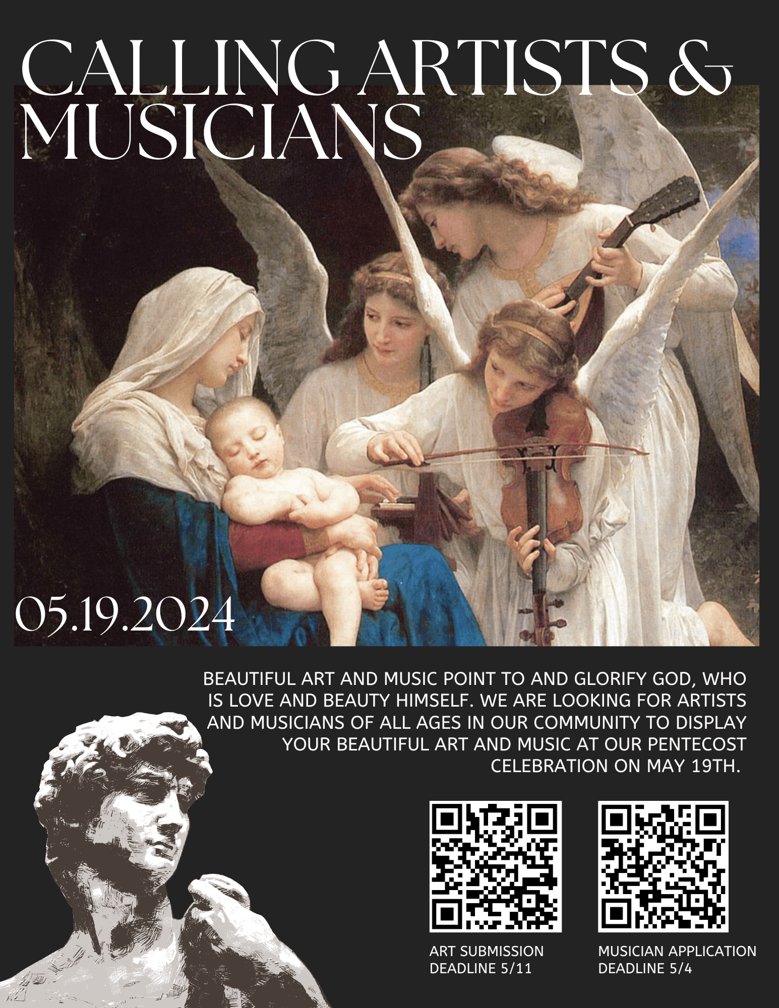 Calling Artists & Musicians flyer with a painting of Mary and the infant Jesus, angels playing music, and a classical sculpture on a charcoal background.