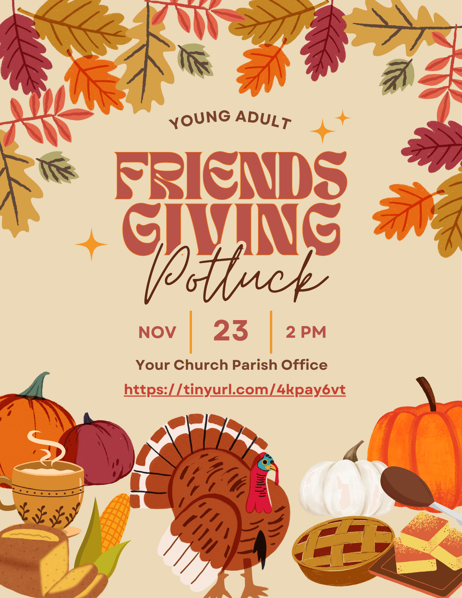 Young Adult Friendsgiving Potluck flyer framed by colorful autumn leaves, pumpkins, a turkey, and illustrated seasonal food.