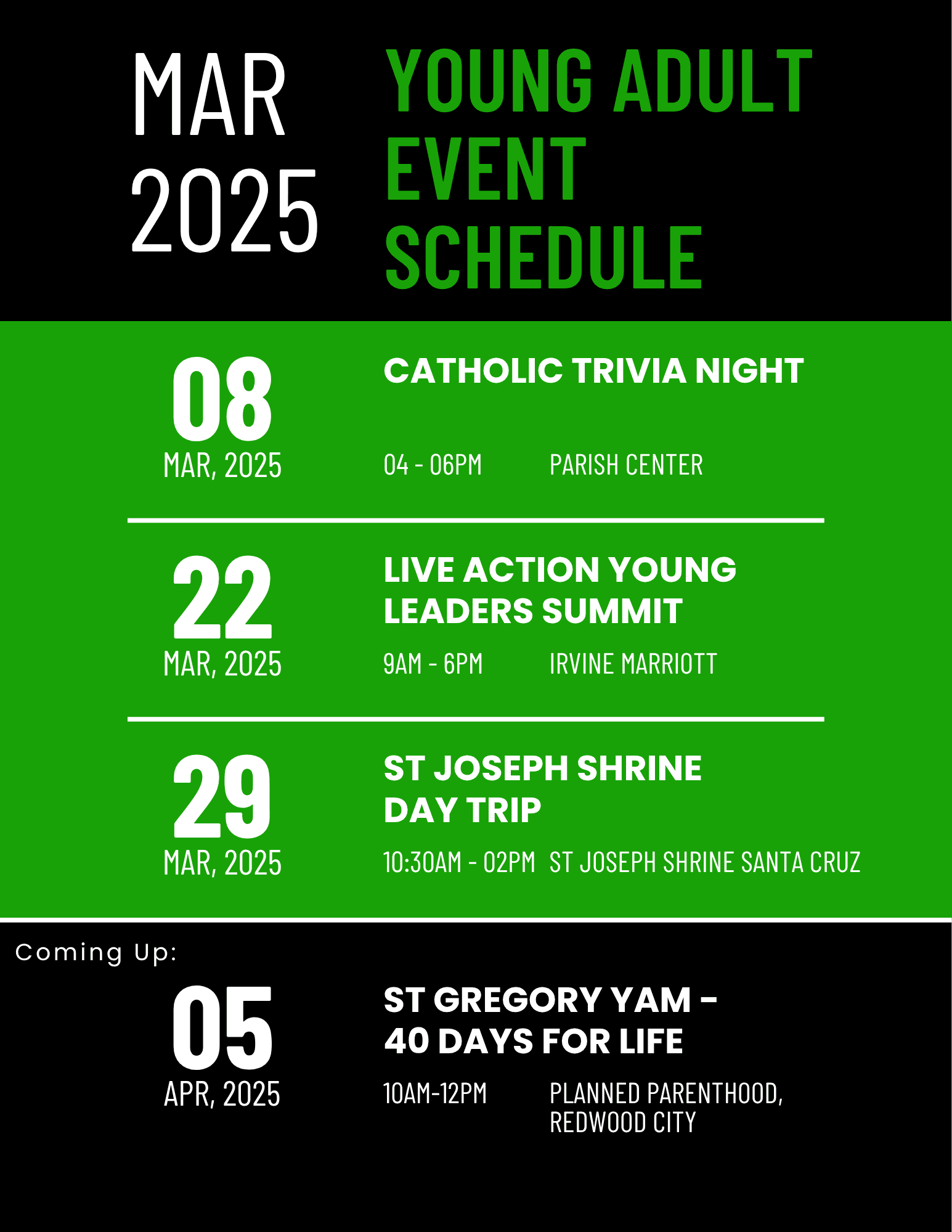 March 2025 Young Adult Event Schedule in bright green, black, and white, with large dates and clearly separated event listings.