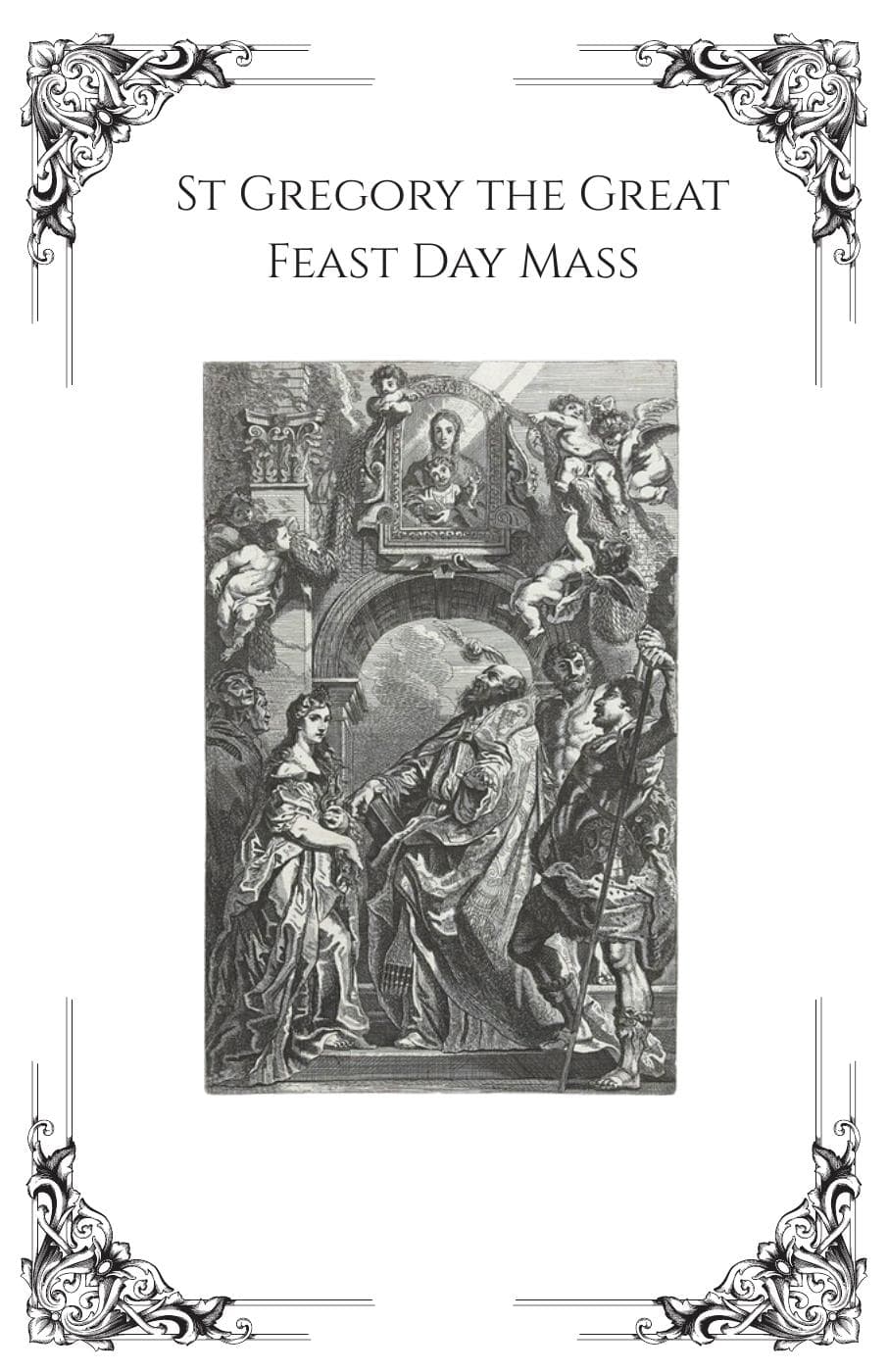 Front cover of St Gregory the Great Feast Day Mass, with ornamental corners and a religious illustration