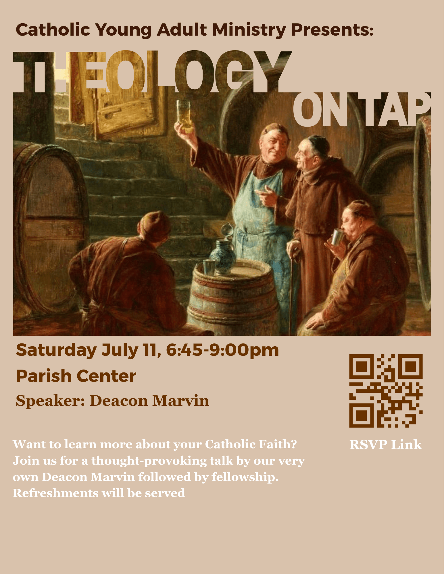 Theology on Tap flyer in warm beige and brown, with bold lettering over a painting of people gathered around a barrel in a tavern.